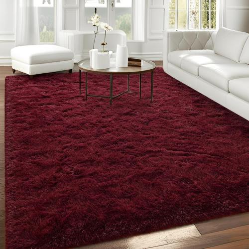 Fluffy Burgundy Red Rugs for Bedroom, Dark Red Area Rug for Living Room, Soft Shaggy Plush Cute Floor Carpet for Boys Kids Girls Bedroom, Non Slip and Washable Carpets for Home Decor
