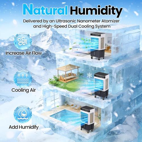 Portable Swamp Cooler Air Conditioner, 4-in-1 Evaporative Air Cooler with 7.5-Gal Tank for 30H Cooling, Dry-Burn Protection, Remote, 12H Timer, 4 Ice Packs, 120° Oscillation for Home Office Garage