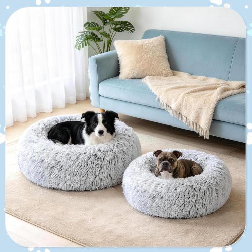 Calming Dog Bed for Medium Size Dogs, 31in Donut Washable Dog Bed with Removable Cover & Foam Filling, Anti-Slip Round Cat Bed Indoor Anti-Anxiety Fluffy Plush Fur Bed, Fits up to 60lbs Pets, Grey