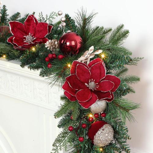 SHareconn 8.9FT Prelit Christmas Garland with Multi-Color LED Lights, Battery-Operated Timer, Includes Flower Ball Poinsettia for Mantle Fireplace Indoor Outdoor Xmas Decor, Red Champagne Gold, 8.9 FT