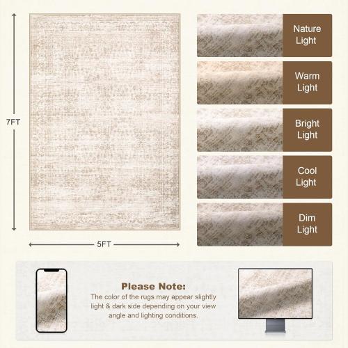 Area Rugs Living Room Rug: Washable Vintage Boho Rug No Slip Stain Resistant Soft Carpet Indoor Floor Floral Large Carpets for Bedroom Dining Room Farmhouse Nursery Hallway Home Office Beige