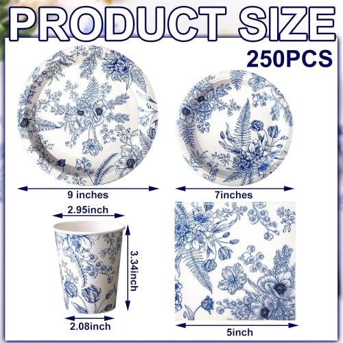 Dandat 250 Pcs Blue Floral Paper Plates and Napkins Blue Bridal Shower Tea Party Decorations Blues White Floral Tableware Set for 50 Guests Disposable Plates Napkins Cups Wedding Baby Bridal Shower