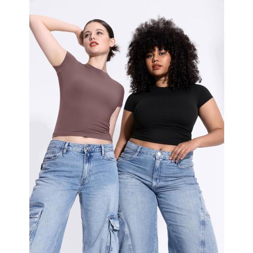 MEDIUM PUMIEY Women's Crew Neck Short Sleeve Tops Double Lined Slim Fit T Shirts Basic Tee Smoke Cloud Pro Collection