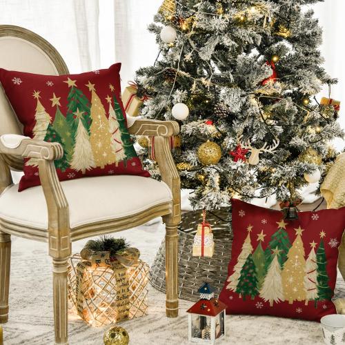 AVOIN colorlife Christmas Trees Star Red Throw Pillow Covers Set of 2, 18 x 18 Inch Snowflake Seasonal Winter Holiday Cushion Case Decoration for Sofa Couch