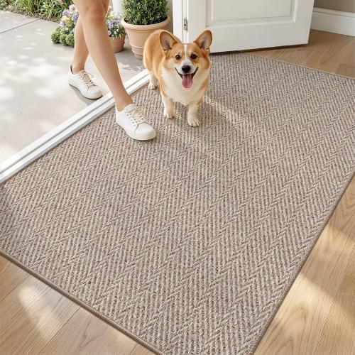 LUMI Ultra Thin Indoor Door Mat for Entrance 36x56, Non Slip Entryway Mat, Low Profile Doormat, Unique Herringbone Design Carpet for Inside, Patio, Porch, Dark Beige