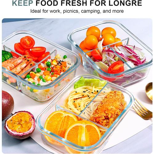 KOMUEE Glass Meal Prep Containers 3 Compartments, 5 Pack 36 oz, Glass Food Storage Containers with Lids, Airtight Lunch Bento Box, Portion Control, Freezer and Microwave Safe