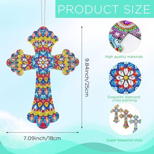 Faccito 3 Pcs Cross Diamond Art Painting Hanging Kit for Adult DIY 5d Crystal by Number Mandala Cross Rhinestone Pendant Acrylic Mosaic Wall Ornament Gift for Easter Religious Christians Woman