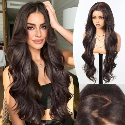 13x4 Glueless Body Wave Lace Front Wig Natural Hairline Pre-Cut Heat Resistant Synthetic Hair for Women Natural-Looking Hairline 30 Inch Dark Brown Highlight(#FS4/30)