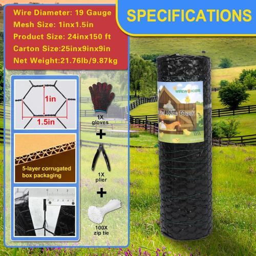 Black 19GA Chicken Wire 24inx150ft, Chicken Wire Fencing, Garden Fence, Metal Poultry Wire Netting, Galvanized PVC Coated Mesh for Animal/Rabbit/Floral/Chicken Coop/DIY Projects.
