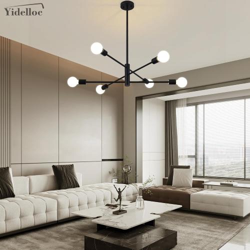 6 Lights Black Sputnik Chandeliers Modern Light Fixtures, Mid Century Chandelier Adjustable Length Pendant Light for Dining Room, Bedroom, Living Room, Kitchen, Farmhouse
