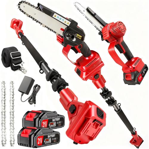 2-in-1 Electric Pole Saw, Cordless Pole Saw & 6 Inch Mini Chainsaw for Tree Trimming Trimmer Limb Branch Cutter Pruner with Extension Pole and 2×2.0Ah Battery Powered Pole Chain Saw, 16 Feet