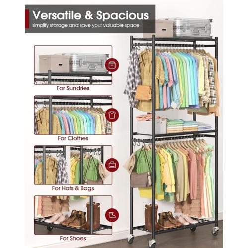 Sakugi Clothes Rack - 33.0 x 12.2 x 79.5 Clothing Rack with Shelves & Wheels, Multi-Functional Wardrobe Closet with Hooks, Sturdy Metal Garment Rack for Bedroom, Laundry, Balcony (Black)