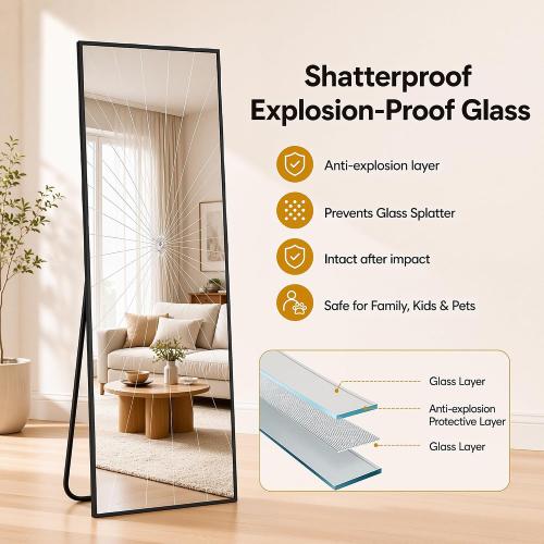 Antok Full Length Mirror, 56x14 Floor Mirror with Stand, Hanging Mounted Mirrors for Bedroom, Living Room, Cloakroom, Dining Room, Black, Rect