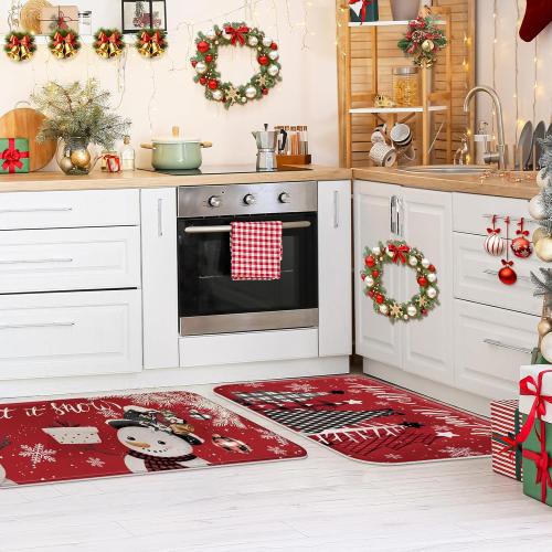 2 Pcs Christmas Snowman and Tree Kitchen Rugs and Mats Merry Christmas Kitchen Rugs Winter Xmas Floor Mats for Holiday Outdoor Home Farmhouse Decorations, 17x47 and 17x29 Inch