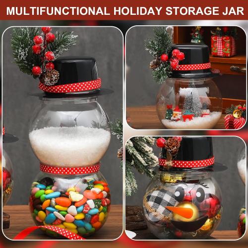 Set of 8 Christmas Candy Jars Snowman Cookie Jar with Lids for Party Favors Clear Plastic Xmas Jars Storage with Pine Snowman Stickers Ribbon for Xmas Party Gifts Packaging Crafts Decoration
