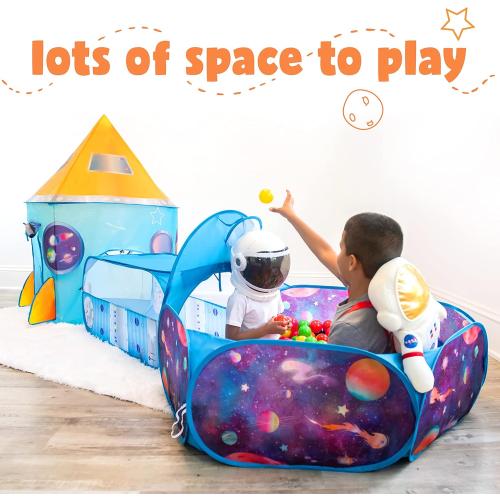 W&O Rocket Ship Play Tent with Tunnel, Ball Pit and Blast Off Button - Inspire Creative Play for Kids - Perfect for Indoor & Outdoor Adventures