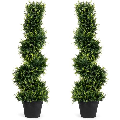 2-Pack Faux Cedar Spiral Topiary Trees - 3.2ft Tall - Planter Included - Artificial Trees for Indoor or Outdoor - Realistic Design with Dense Green Foliage - UV-Protected & Weather-Resistant Plants