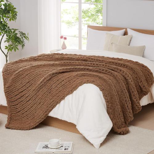 TAN 40x50 L'AGRATY Chunky Knit Blanket Throw - Soft Chenille Yarn Throw Blanket 40x50： Handmade Thick Cable Knit Crochet Blanke - Large Knit Blanket Chunky Rope Knot Throw Blanket for Couch Sofa Bed Home Decor