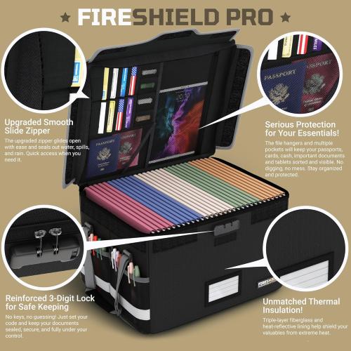 FIRESHIELD PRO 5200°F Fireproof Document Box with Lock – Portable Water Resistant File Organizer for Hanging/Legal Folders – Safe Storage for Home, Office or Travel – Black, Size: 16.1 x 12.9 x 11