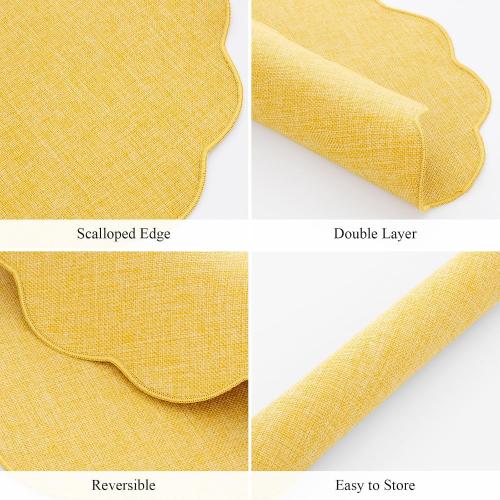SHACOS Scalloped Round Placemats Set of 6 Polyester Linen Blend 15 inch Washable Non Slip Place Mats Easy Clean Heat Resistant Table Mats for Kitchen Dining Table Decor, Yellow
