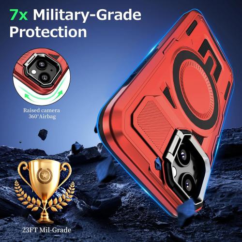 for iPhone 15 Case Compatible with MagSafe, Built-in Camera Ring Stand, 23 FT Military-Grade Drop Protection Magnetic Cover for iPhone 15 6.1'', Red