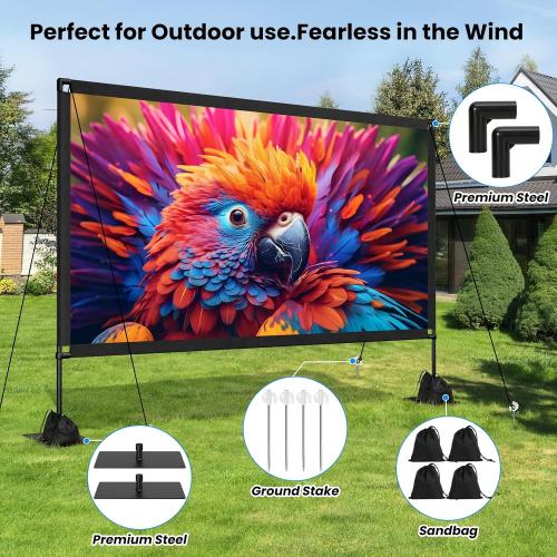 120inch Projector Screen with Stand: Portable Projector Screen Outdoor Indoor Front/Rear16:9 4K HD with Carry Bag Sandbag- Movie Screen for Backyard Moive Night, Camping, Theater