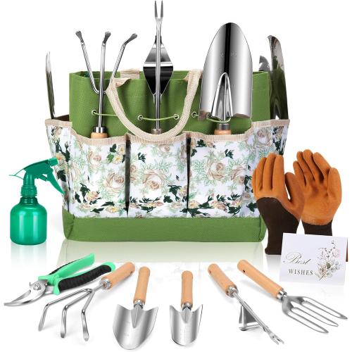 Garden Tools Set 10-Piece, Heavy Duty Stainless Steel Garden Hand Tools with Floral Tote Bag - Rust-Proof Garden Tools for Gardening, Gardening Gifts for Women Mom​