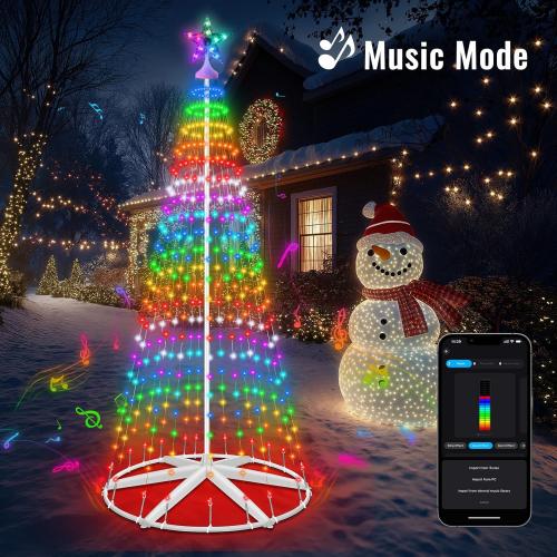 8FT Lighted Outdoor Christmas Tree Smart App Control, 388 LEDs RGB Chirstmas Cone Tree Lights Music Sync, DIY Prelit Christmas Tree Lightshow, Magical Xmas String Lights Timer Remote for Yard Decor