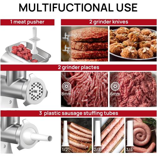 Electric Meat Grinder #8, 0.5HP Heavy Duty Industrial Stainless Steel Meat Mincer, Sausage Stuffer with 2 Blades, 2 Plates & 3 Sausage Tubes, Meat Grinder Machine for Home Use Butchering