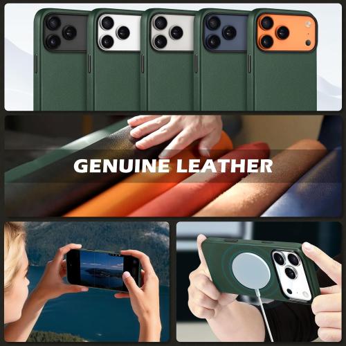 SHIELDON Genuine Leather Case for iPhone 17 Pro Max 6.9 2025 | [Camera Button Updated], Compatible with Magsafe, Magnetic Wireless Charging, Slim Fit, Shockproof, Protective Phone Cover - Evergreen