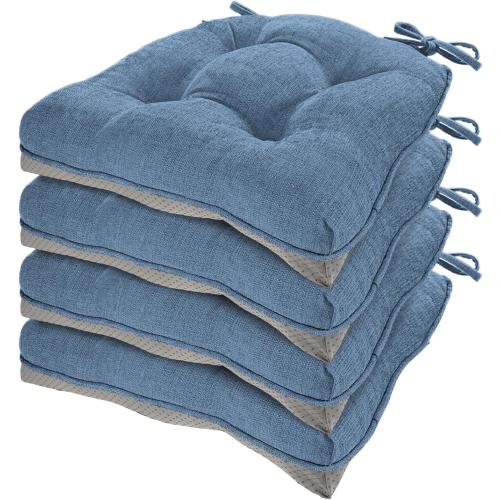 HARBOREST Chair Cushions for Dining Chairs Set of 4 - Chenille Tufted Kitchen Chair Cushions with Ties and Non-Slip Bottom, Foam Chair Pads for Dining Chairs, 17 x 17, Blue