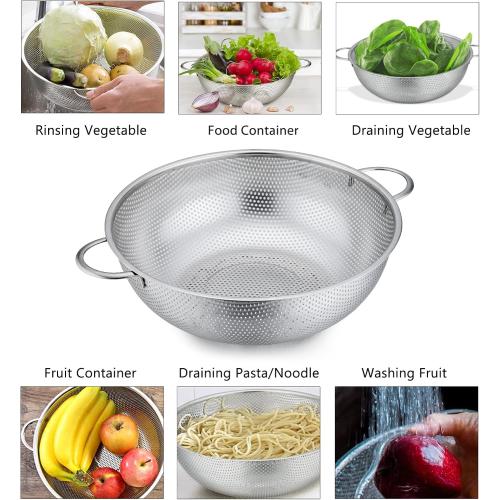 P&P CHEF Colander Set of 3, 1/3/5 Qt, Stainless Steel Colanders Strainers | Metal Micro-Perforated Colanders and Strainers for Draining Rinsing Washing, Ideal for Pasta Fruits, Dishwasher Safe