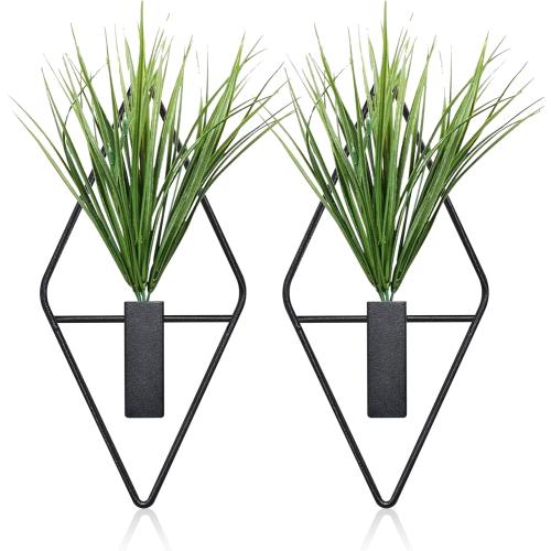 Wall Decor Hanging Planters with Artificial Plants Metal Vase Indoor Plants Holder Modern Geometric planters for Living Room Bedroom Kitchen Office, Bathroom Wall Art (Black,2 Pcs)