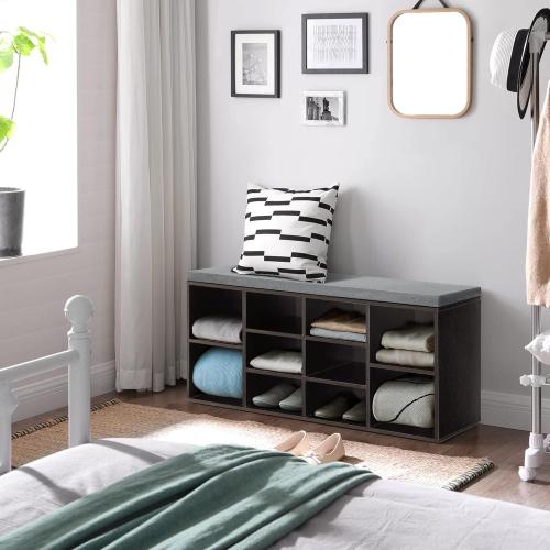 Shoe Bench with Cushion, Wood Shoe Storage Bench for Entryway with 10 Cubbies & Adjustable Shelves, Shoe Organizer Cubby Entry Bench Padded Bench Storage for Living Room, Hallway, Closet, Black