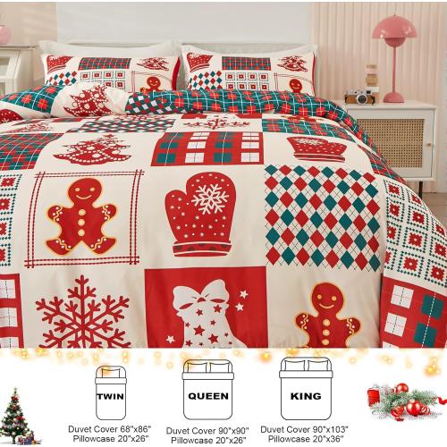 Dobuyly Christmas DuveSet Queen Christmas Tree Snowflake Bell Pattern Patchwork Bedding Set Reversible Red Green Plaid Xmas Comforter Cover with 2 Pillowcases