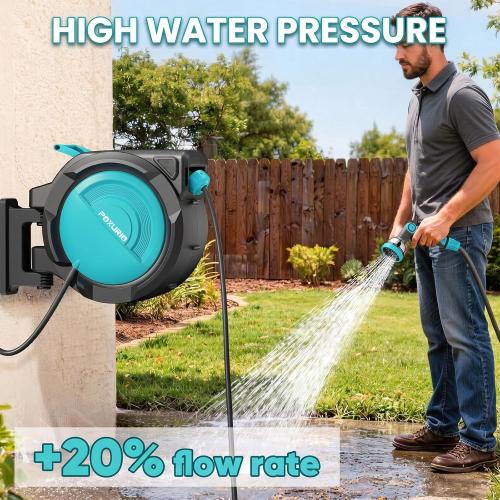 1/2 160FT Retractable Garden Hose Reel - POXURIO Heavy Duty Automatic Wall Mounted Hose Reel Upgraded UV Resistant, 3/4 Brass Fitting, 10 Pattern Nozzle, 180° Swivel&Any Length Lock Slow Retraction