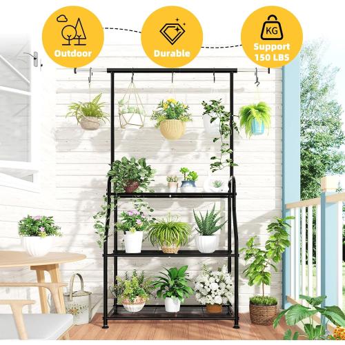 Simple Trending Plant Stand Indoor Outdoor, Heavy Duty Metal 3 Tiered Hanging Plant Shelf for Multiple Flower Planter Holder Tall Large Rack for Living Room Garden Balcony, Black