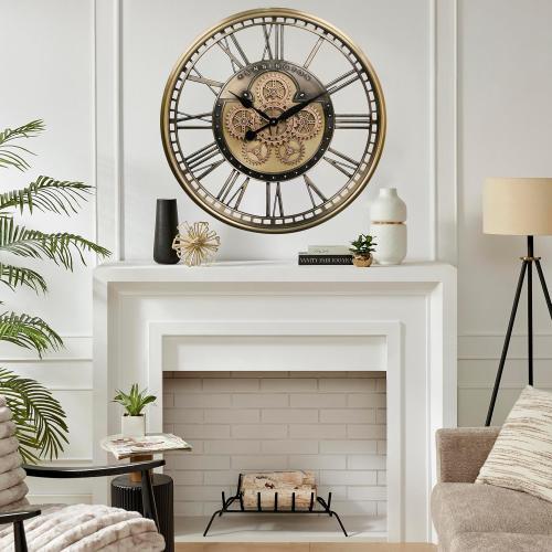 CLXEAST Gold Moving Gear Wall Clock for Modern Living Room Decor,Oversized Large Metal Roman Numeral Wall Clocks for Farmhouse Home Decor,28 Inch
