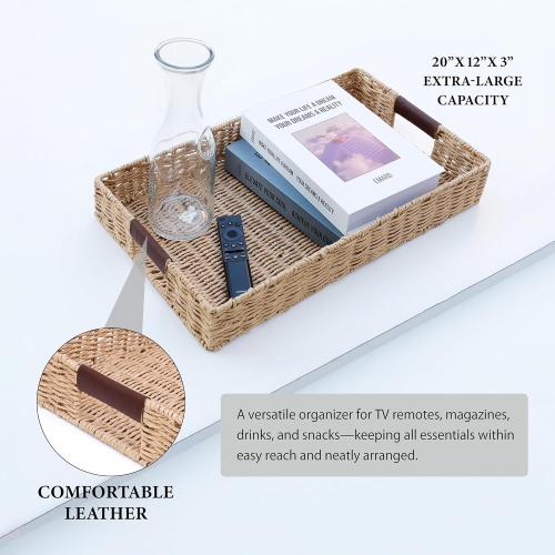 Size 20x12 Color Brown Handwoven Multipurpose Rectangle Rattan Tray, 20” x 12” – Durable Wicker Tray with Leather Handles for Home Decor Display