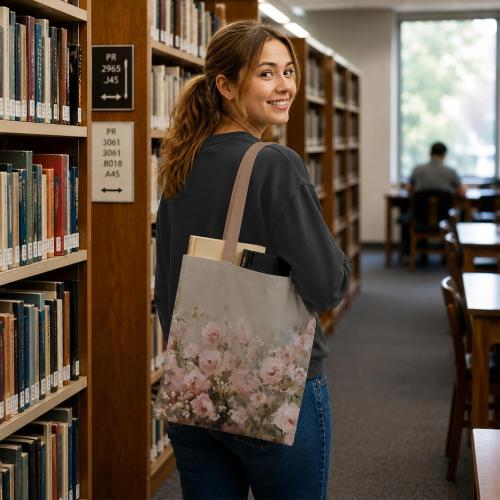 Vintage Pink Rose Floral Canvas Tote Bag, Cottagecore Botanical Wildflower Reusable Grocery Shopping Bag