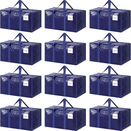 12 Pack Extra Heavy Duty Large Moving Bags with Strong Zipper & Comfortable Handles, Sturdy & Durable Clothes Storage Bags Totes Bins, Packing Moving Boxes for College Supplies, Dark Blue