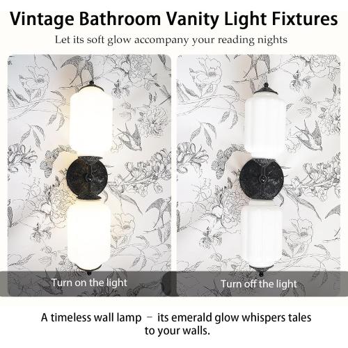 Vintage Milk Glass Bathroom Vanity Light - 2-Light Wall Sconce with Brass Finish Base & Green Glass Shade - Wall Sconce Lighting for Mirror, Kitchen, Living Room, Gallery (Bulbs Included) (white)