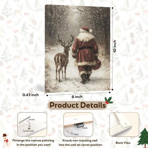 FGFK Vintage Christmas Reindeer and Santa Wall Art Decor Framed, Holiday Winter Christmas Decor, Rustic Xmas Snowy Forest Canvas Prints Poster Wall Decorations for Home Bedroom Living Room, 8x10 Inch