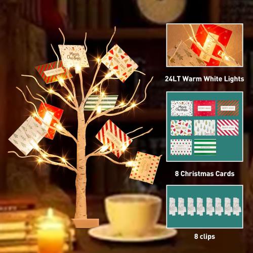PEIDUO Christmas Decorations, 22 Inch Gift Card Tree Holder with 8 Clips and 8 Xmas Cards, Lighted Tabletop Money Tree, for Christmas,Birthday Wedding,Battery Powered, 6H/18H Timer (White)
