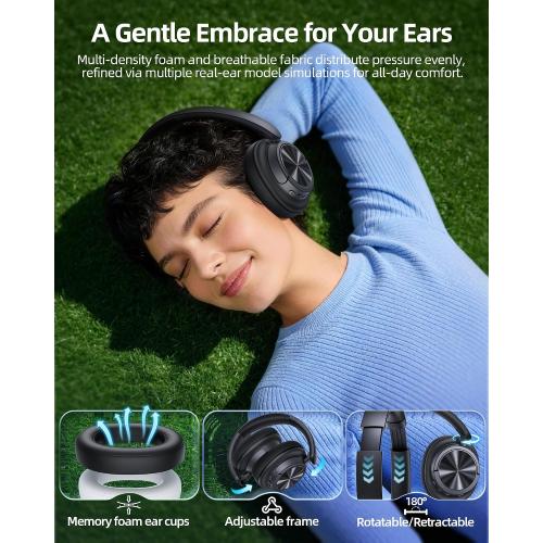 Hybrid Active Noise Cancelling Headphones 120H Playtime Wireless Headphones Bluetooth 6.0 Over Ear Headphones with 6 ENC HD Call Mic, Hi-Res 360° Spatial Audio ANC Headphone for Travel Workout Black