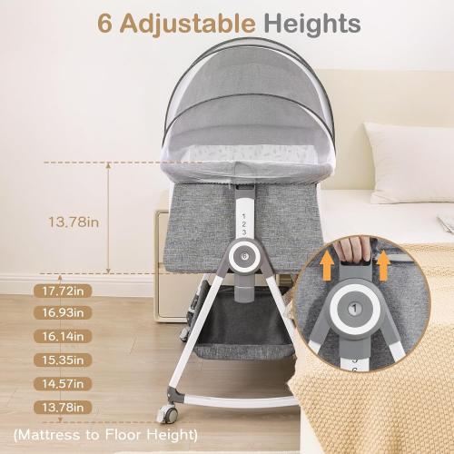 OHFLY Baby Bassinet, Bedside Bassinet for Baby, 4 in 1 Bassinet Bedside Sleeper with Locked Wheels, Mosquito Net, Adjustable Easy Folding Portable Crib for Infant Newborn, Grey