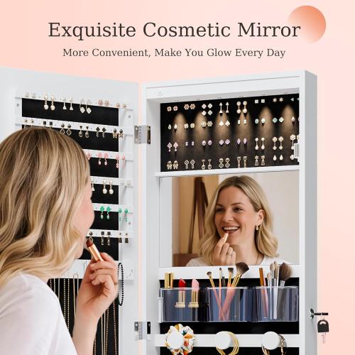 Unisakey Mirror Jewelry Cabinet,Lockable Wall or Door Mounted Jewelry Armoire Organizer With Built-up Mirror,LED Lights, Drawers,Cosmetic Trays,Shelves, 14.4x3.15x 43.1（White）