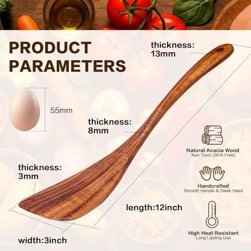 Wooden Spatula Nonstick Turner Acacia Wood, Right Long Handle Flat Frying Spatulas Handmade for Mother Wife Grandma Her Kitchen Gift, Ideal Cookware Utensils for Cooking Eggs, Fish, Pancakes