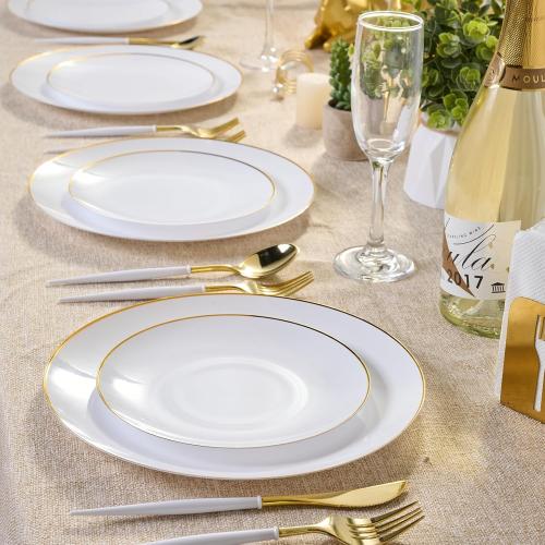 FOCUSLINE 100 Count Gold Plastic Plates 10.25 Inch, Disposable Heavy Duty Dinner Plates, Premium Hard Plastic Plate Fancy Disposable White Plate with Gold Rim
