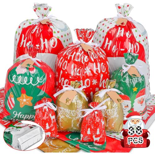 38pcs Christmas Gift Bags with Ribbon Ties, Christmas Bags for Gifts Assorted Sizes Small/Medium/Large Christmas Gift Bags, Holiday Christmas Wrapping Paper Reusable Plastic Santa Bag Wrapping Bags